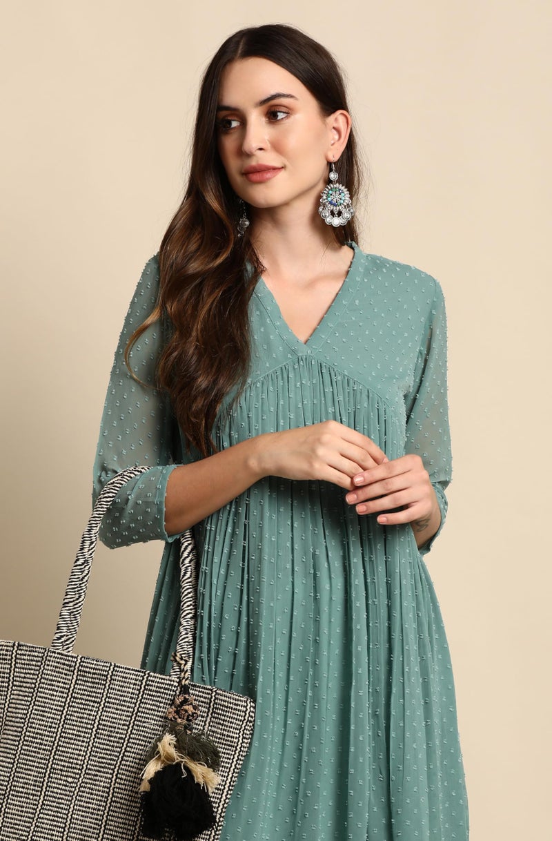 Janasya Women's Green Dobby Chiffon Self Design Flared Western Kurta (JNE3797-KR-S) - Image 5