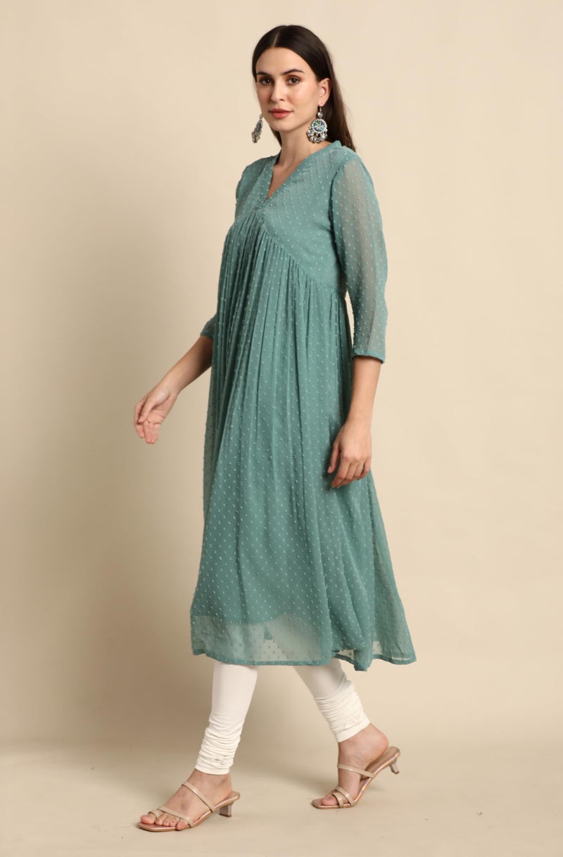 Janasya Women's Green Dobby Chiffon Self Design Flared Western Kurta (JNE3797-KR-S) - Image 3