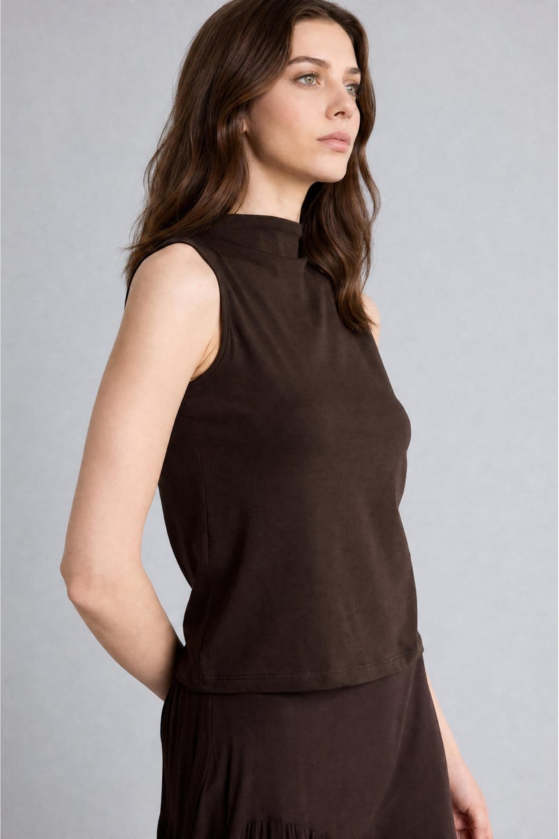 DeFacto Brown Woman Slim Fit Brown Mock Neck Sleeveless Blouse Casual - Image 1