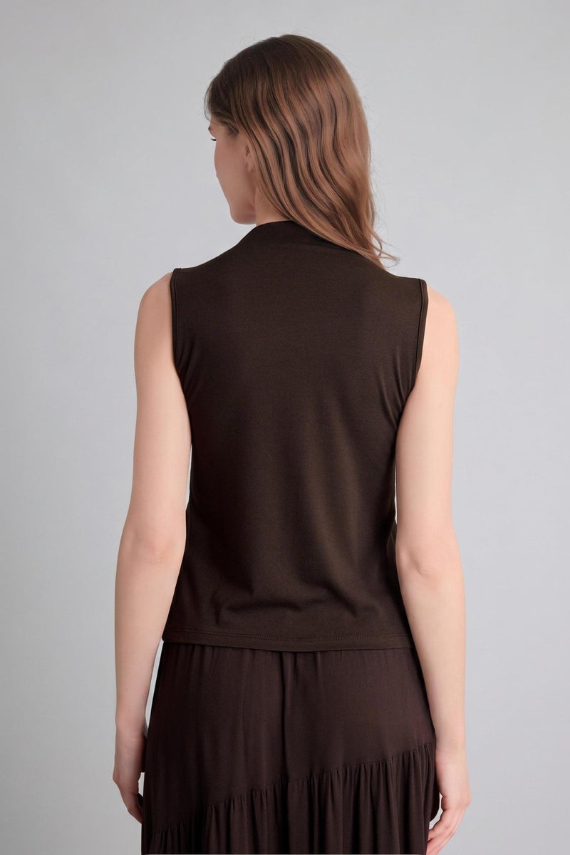 DeFacto Brown Woman Slim Fit Brown Mock Neck Sleeveless Blouse Casual - Image 5