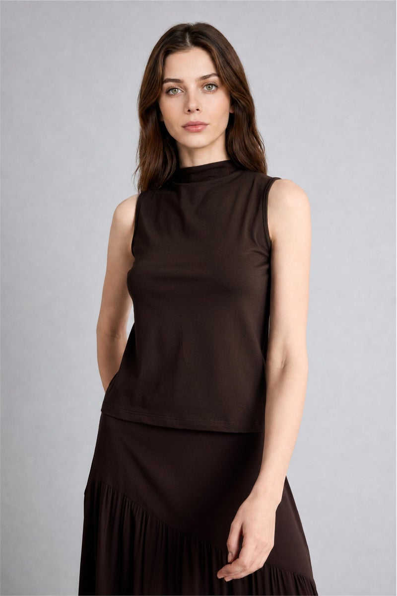 DeFacto Brown Woman Slim Fit Brown Mock Neck Sleeveless Blouse Casual - Image 3