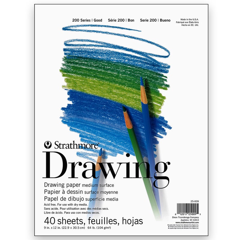 Strathmore 200 Series Drawing Paper, Tape Bound Pad, 9x12 inches, 40 Sheets (64lb/104g) - Artist Paper for Adults and Students - Charcoal, Colored Pencil, Ink, Pastel, Marker