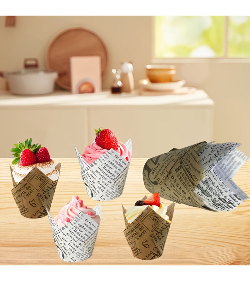 50 Newspaper Style Natural Color Printed Paper Cups for Cupcakes Birthday Wedding Party - Image 5