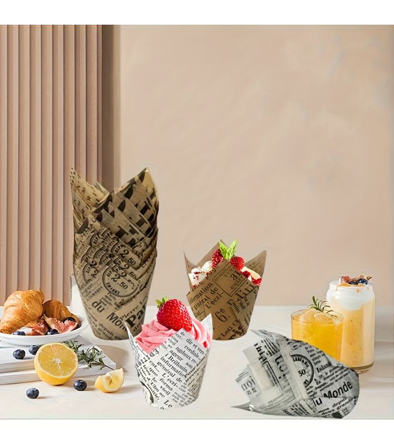 50 Newspaper Style Natural Color Printed Paper Cups for Cupcakes Birthday Wedding Party - Image 2