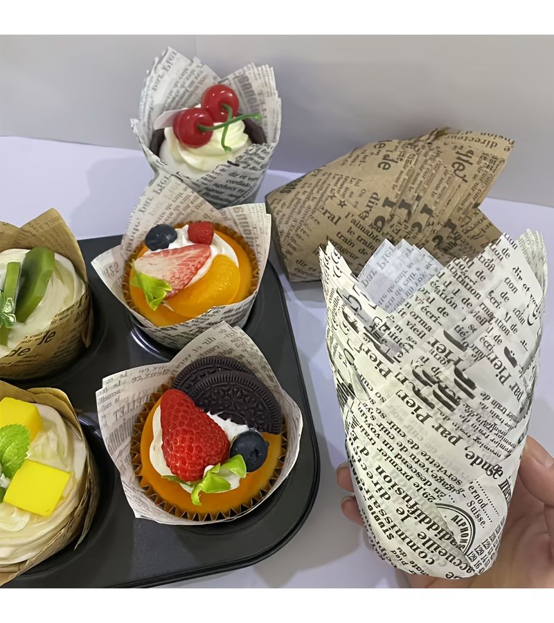 50 Newspaper Style Natural Color Printed Paper Cups for Cupcakes Birthday Wedding Party - Image 1