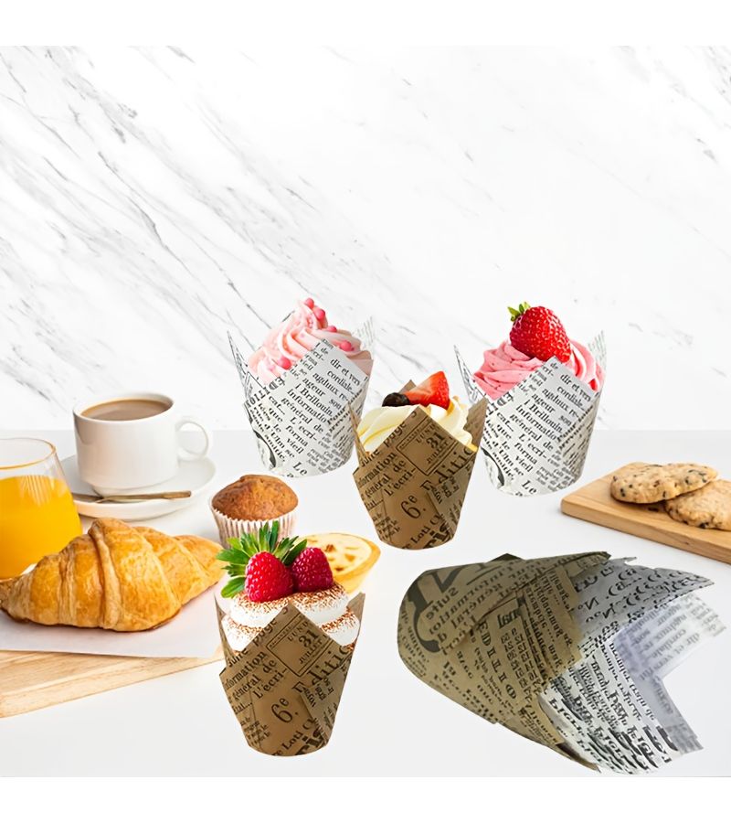50 Newspaper Style Natural Color Printed Paper Cups for Cupcakes Birthday Wedding Party - Image 4