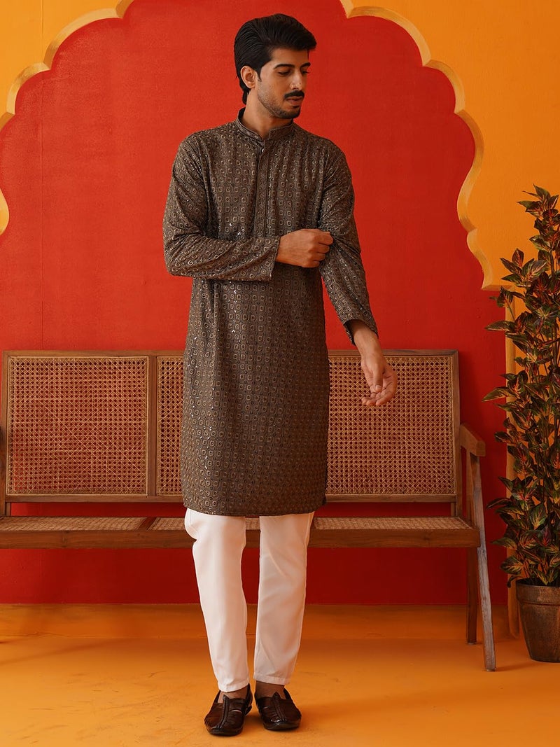 Jompers Grey Embroidered Chikankari and Sequence Kurta Set For Men. (Grey, XL) - Image 5