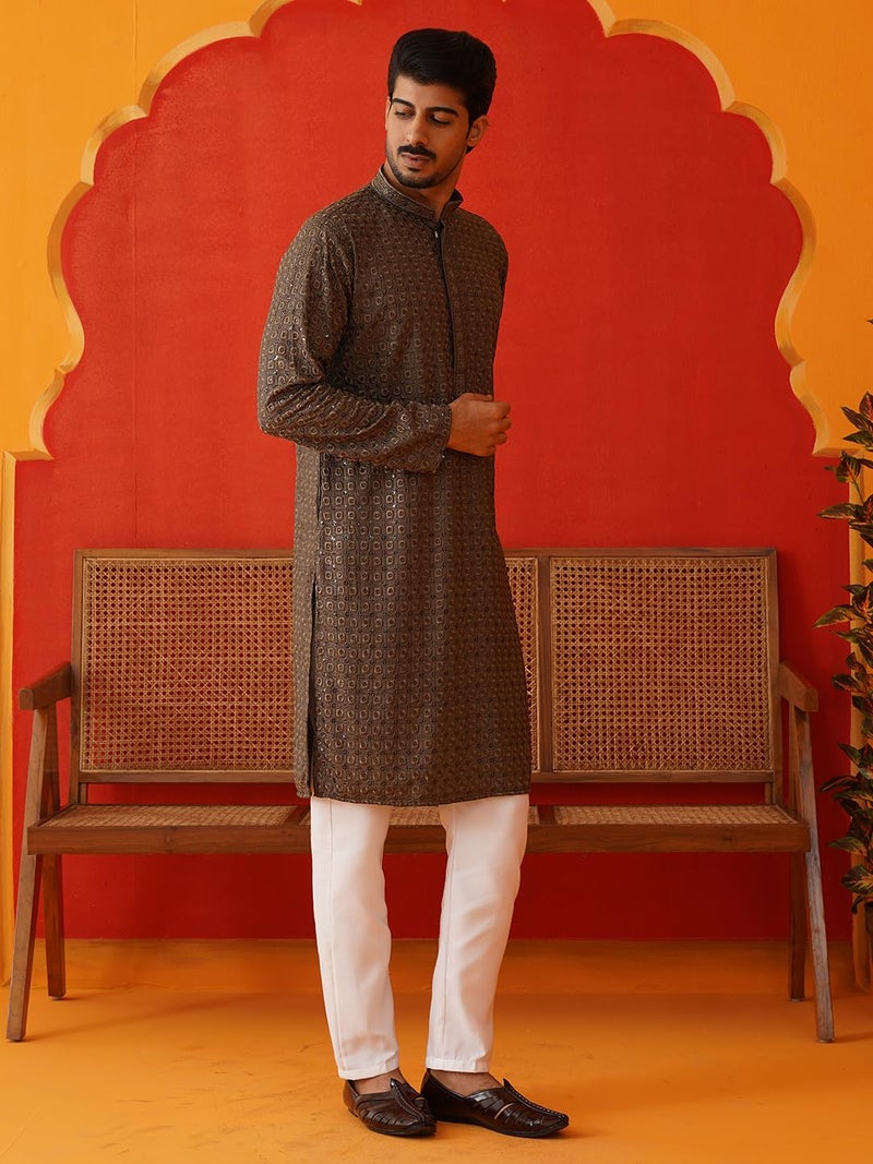 Jompers Grey Embroidered Chikankari and Sequence Kurta Set For Men. (Grey, XL) - Image 4