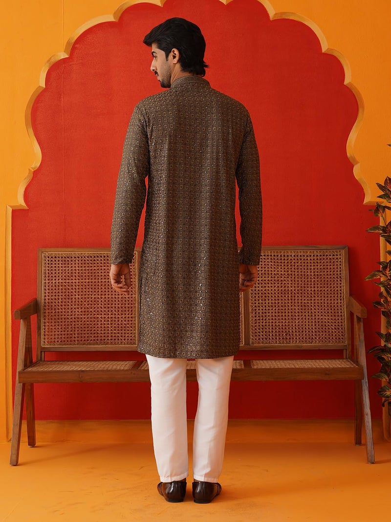 Jompers Grey Embroidered Chikankari and Sequence Kurta Set For Men. (Grey, XL) - Image 2