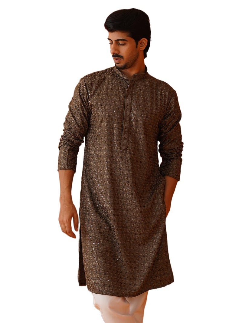 Jompers Grey Embroidered Chikankari and Sequence Kurta Set For Men. (Grey, XL) - Image 1