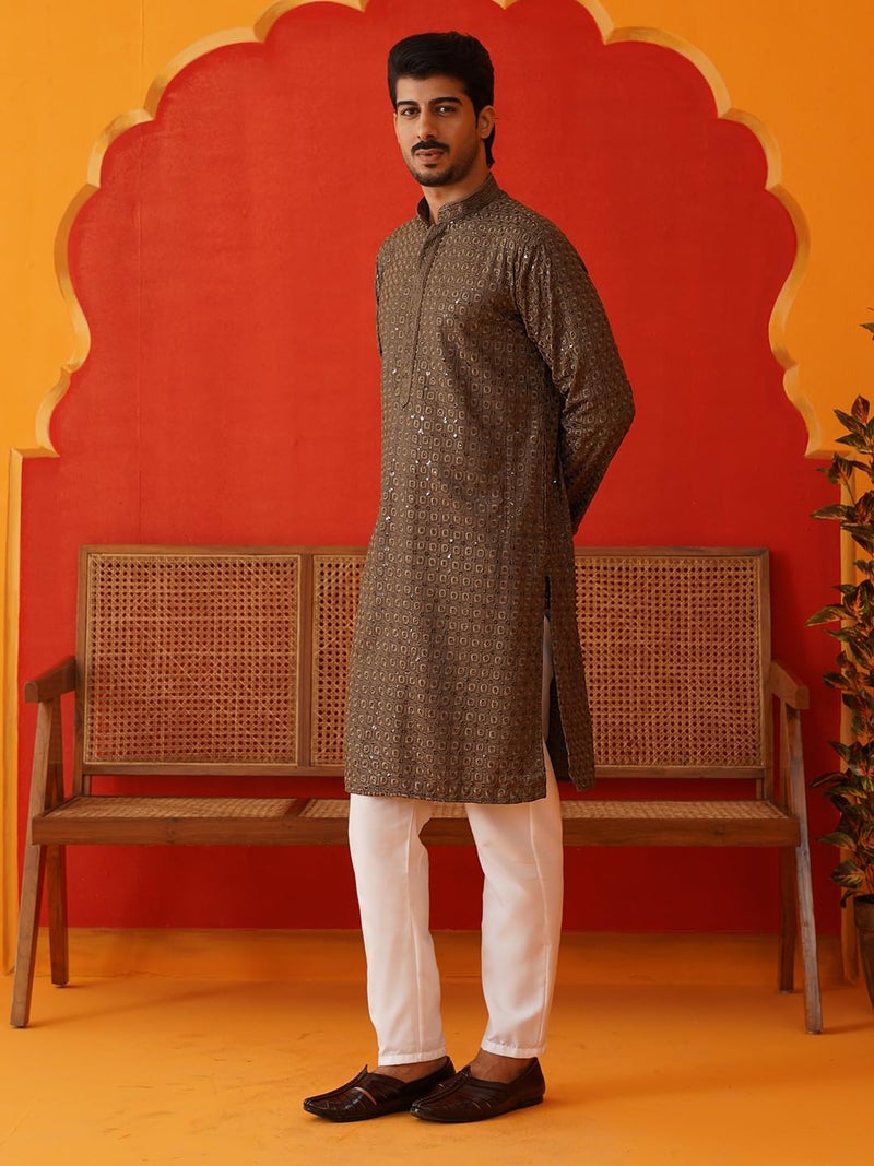 Jompers Grey Embroidered Chikankari and Sequence Kurta Set For Men. (Grey, XL) - Image 3