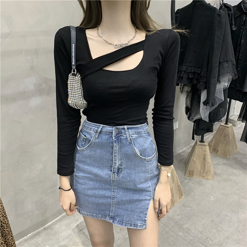2023 New Autum Design, Discreet Cut Out T-Shirt, Pure Color, Versatile, Slimming Look, Long-Sleeved Top for Women, Trendy - Image 4