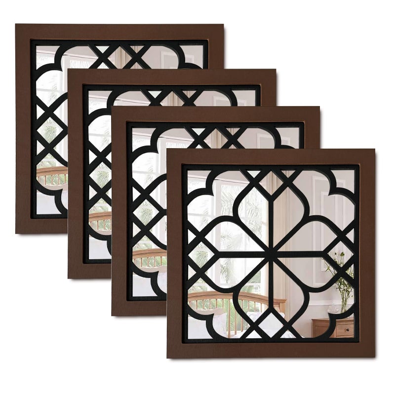 ZEXUIRU Set of 4 Wooden Rustic Square Wall Mirror Vintage Style Decorative Entry Mirror Farmhouse Wall Decoration for Living Room Bedroom Bathroom Kitchen 11.8 * 11.8inch Walnutâ€¦ - Image 1