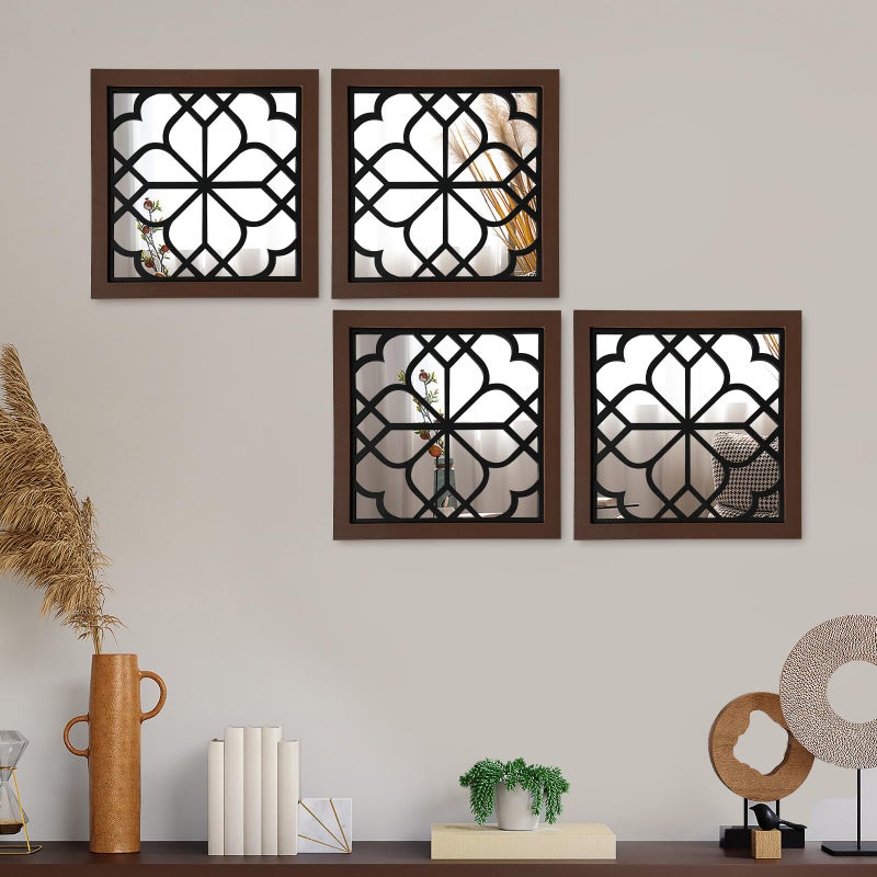 ZEXUIRU Set of 4 Wooden Rustic Square Wall Mirror Vintage Style Decorative Entry Mirror Farmhouse Wall Decoration for Living Room Bedroom Bathroom Kitchen 11.8 * 11.8inch Walnutâ€¦ - Image 4