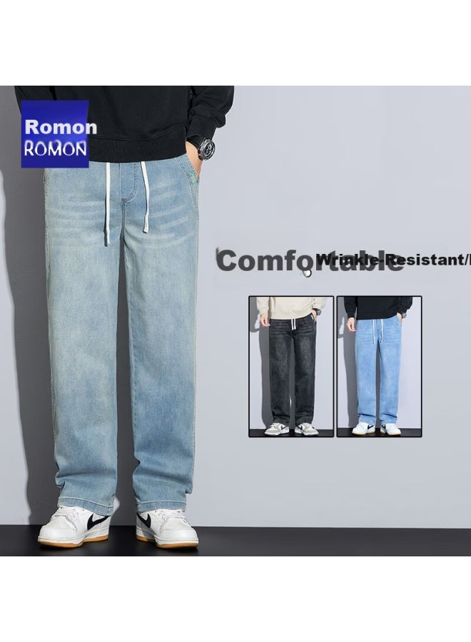 Romon Men's Jeans, Summer Loose Fit, Breathable, Elastic Waistband, Casual Wide-leg Pants, Vintage Blue, 3XL - Image 3