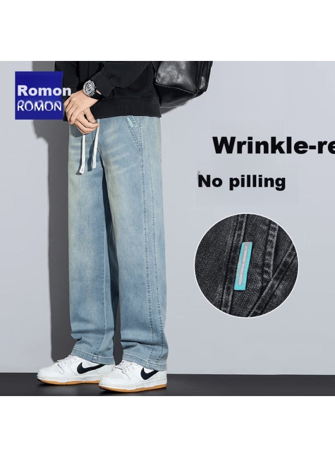 Romon Men's Jeans, Summer Loose Fit, Breathable, Elastic Waistband, Casual Wide-leg Pants, Vintage Blue, 3XL - Image 2