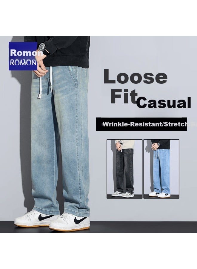 Romon Men's Jeans, Summer Loose Fit, Breathable, Elastic Waistband, Casual Wide-leg Pants, Vintage Blue, 3XL - Image 1
