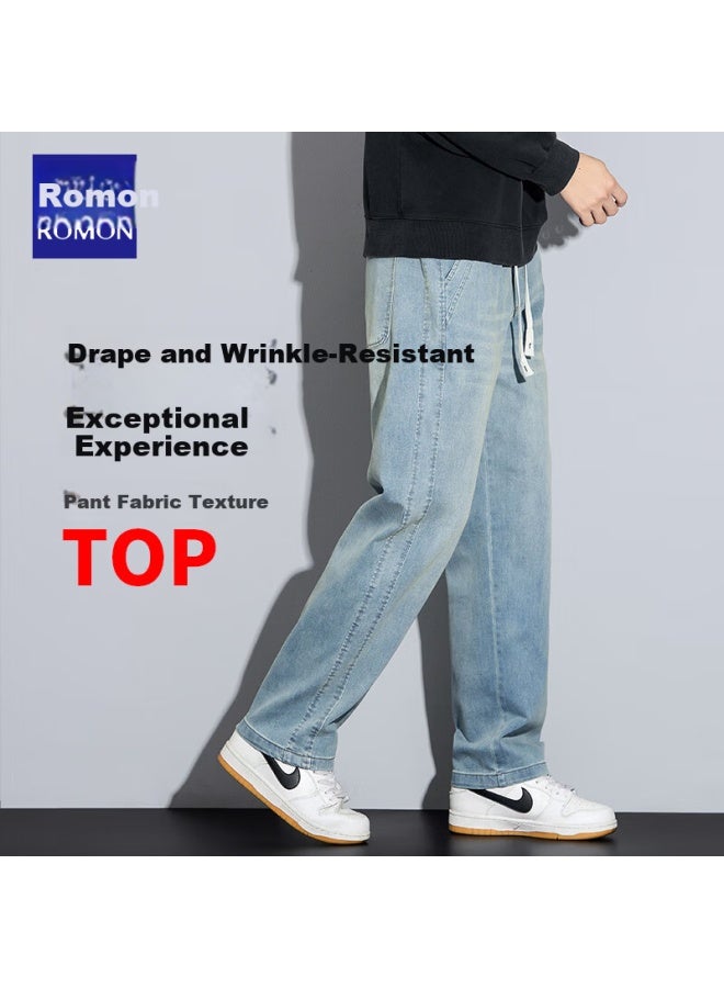Romon Men's Jeans, Summer Loose Fit, Breathable, Elastic Waistband, Casual Wide-leg Pants, Vintage Blue, 3XL - Image 5