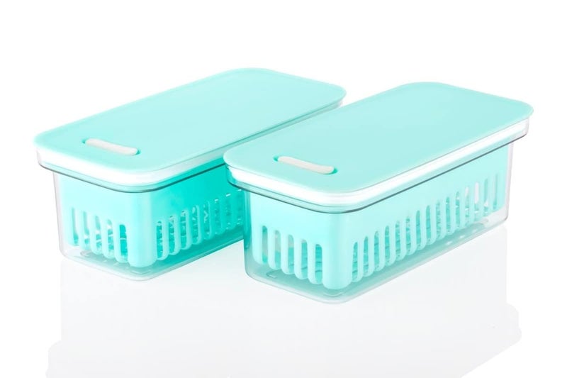 BHOJAL AirTight Fridge Storage Boxes with Removable Drain Plate and Lid Stackable Plastic Freezer Storage Containers for Fish Meat Vegetables Fruits Sea Green 1100ML - Image 1
