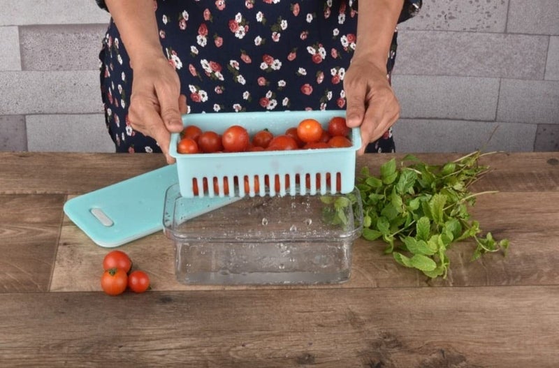 BHOJAL AirTight Fridge Storage Boxes with Removable Drain Plate and Lid Stackable Plastic Freezer Storage Containers for Fish Meat Vegetables Fruits Sea Green 1100ML - Image 3