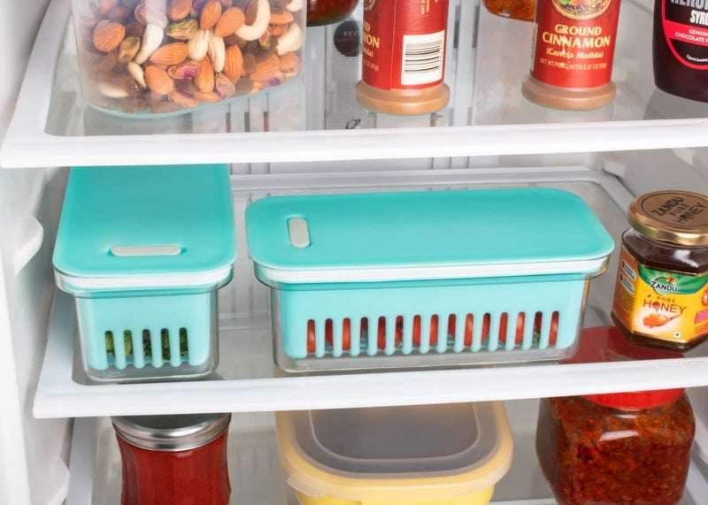 BHOJAL AirTight Fridge Storage Boxes with Removable Drain Plate and Lid Stackable Plastic Freezer Storage Containers for Fish Meat Vegetables Fruits Sea Green 1100ML - Image 2
