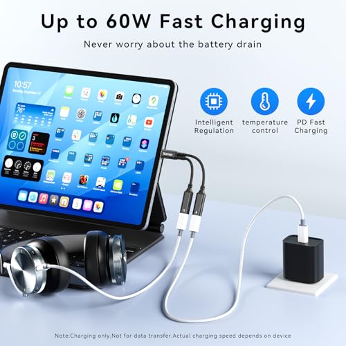 Xumee USB C Splitter 1 in 2 Out, Dual USB-C Headphones & Charging Adapter, Type C Audio Dongle Cable with Built-in DAC & 60W Fast Charging for iPhone 17/16/15 Series,Galaxy S25/S24,Pixel 10 (Black) - Image 4