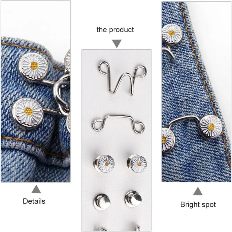 5 Sets Adjustable Daisy Nail-Free Jeans Buckles Pants Waist Fasteners Non-Slip Button Extenders for Women Large Size Denim Waistbands - Image 3