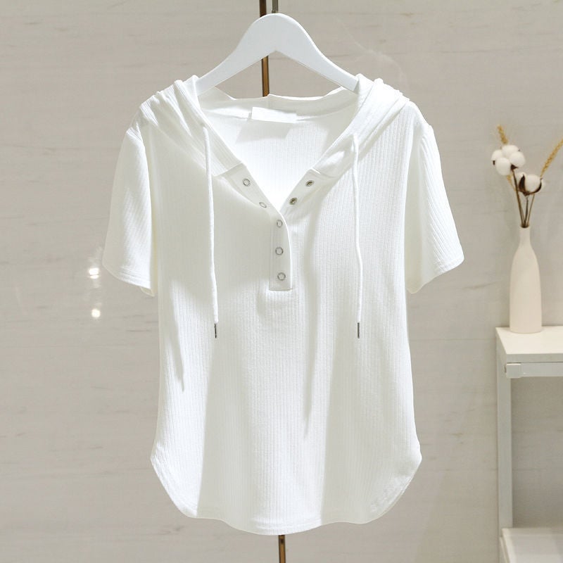2024 Summer Black  White Hooded Tee for Women Black  - Image 1