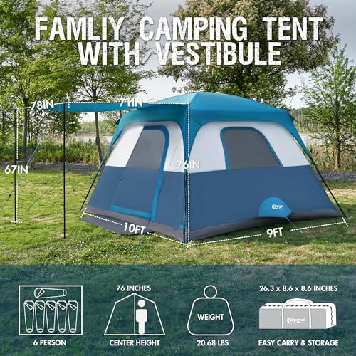 Portal 6 Person Cabin Tent for Camping with Porch, Family Waterproof Camping Tent with Rainfly and Carry Bag, 76" Tall Outdoor Tents for Camping - Image 2