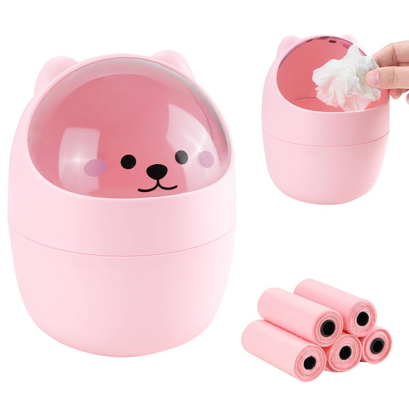 IBEQUEM Mini Trash Can, Cute Small Trash Can with Lid, Desktop Paper Bin with 5 Rolls of Bin Liners, Portable Tabletop Dustbin, Cartoon Animal Rubbish Storage for Office Bedroom Desk Car Kitchen(Pink) - Image 1