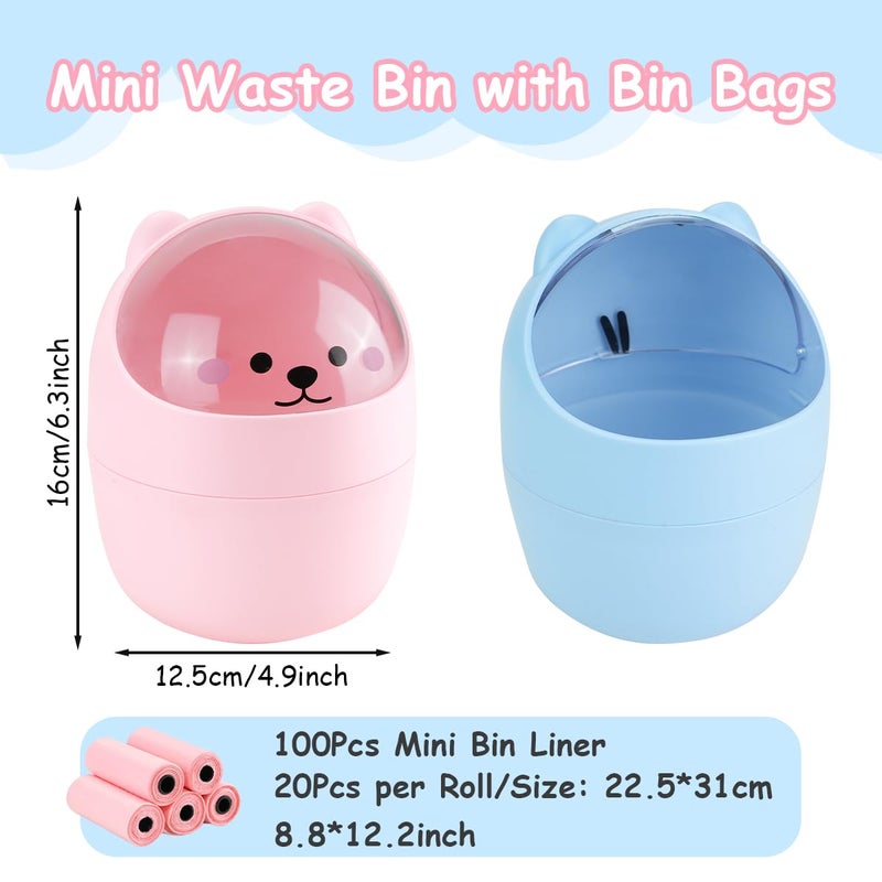 IBEQUEM Mini Trash Can, Cute Small Trash Can with Lid, Desktop Paper Bin with 5 Rolls of Bin Liners, Portable Tabletop Dustbin, Cartoon Animal Rubbish Storage for Office Bedroom Desk Car Kitchen(Pink) - Image 2