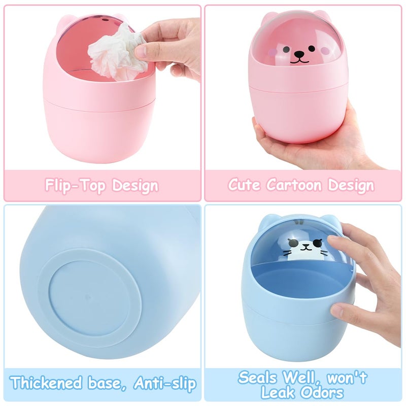 IBEQUEM Mini Trash Can, Cute Small Trash Can with Lid, Desktop Paper Bin with 5 Rolls of Bin Liners, Portable Tabletop Dustbin, Cartoon Animal Rubbish Storage for Office Bedroom Desk Car Kitchen(Pink) - Image 3