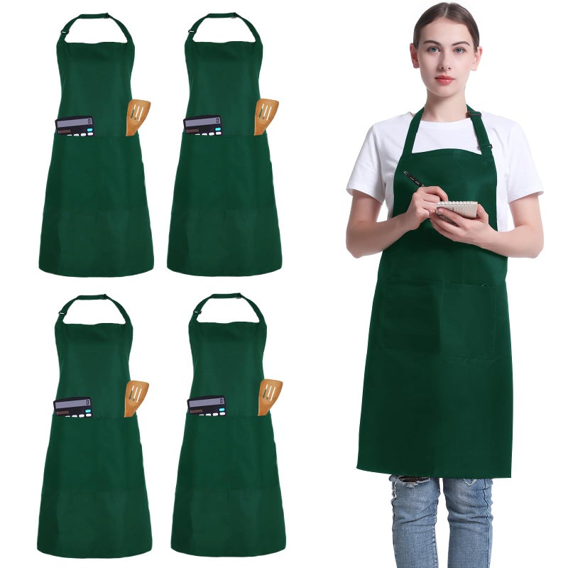 FunChaos 4 Pack Chef Apron Adjustable Apron with 2 Pockets Unisex Personalised Apron for Cooking Kitchen Restaurant Green