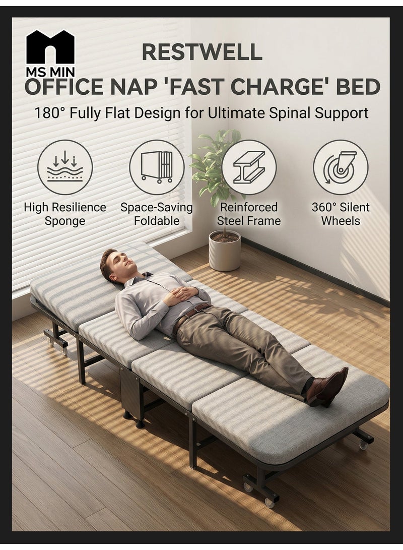 MS MIN Foldable Single Bed with Wheels, Heavy Duty Metal Frame, 4-Fold Portable Sleeping Bed for Home, Office & Guest Room - Image 1