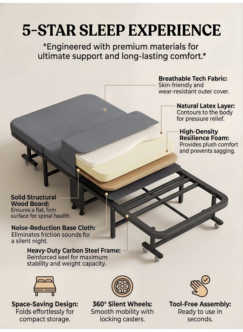 MS MIN Foldable Single Bed with Wheels, Heavy Duty Metal Frame, 4-Fold Portable Sleeping Bed for Home, Office & Guest Room - Image 4