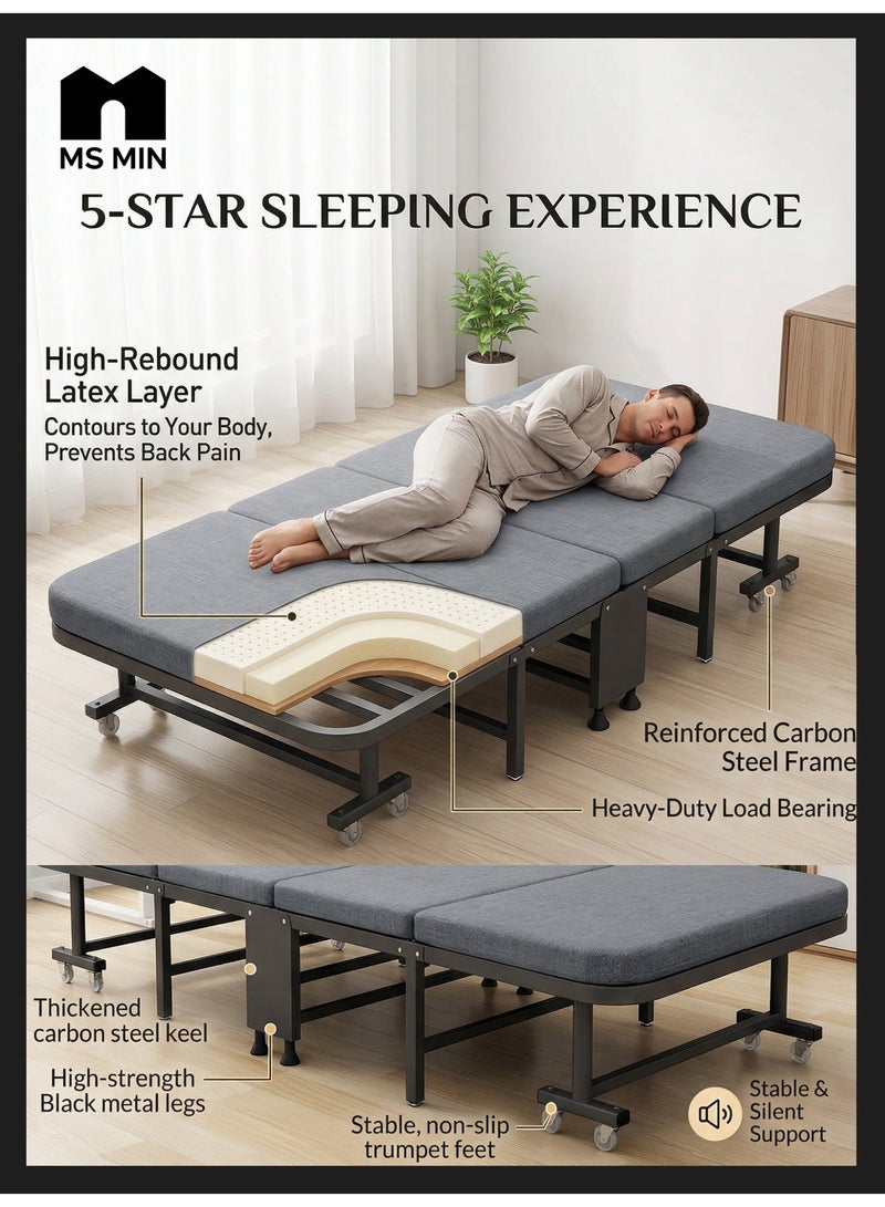 MS MIN Foldable Single Bed with Wheels, Heavy Duty Metal Frame, 4-Fold Portable Sleeping Bed for Home, Office & Guest Room - Image 2