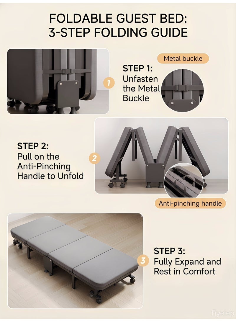 MS MIN Foldable Single Bed with Wheels, Heavy Duty Metal Frame, 4-Fold Portable Sleeping Bed for Home, Office & Guest Room - Image 5