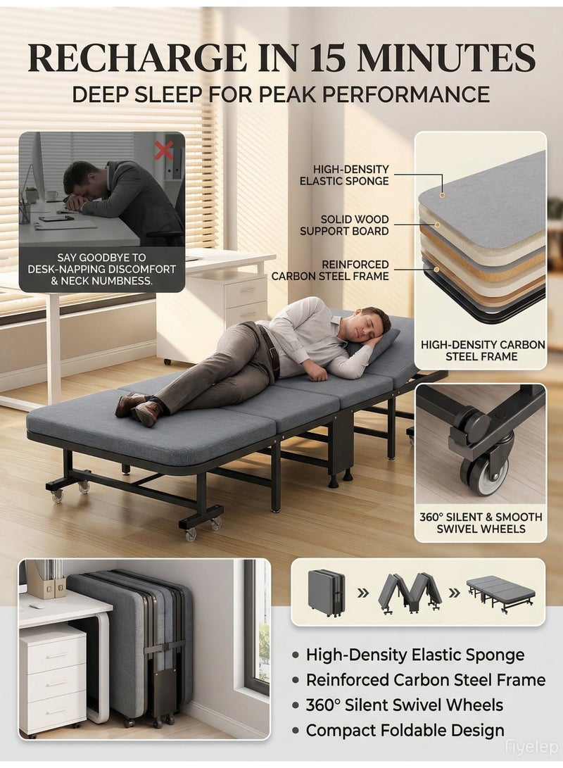 MS MIN Foldable Single Bed with Wheels, Heavy Duty Metal Frame, 4-Fold Portable Sleeping Bed for Home, Office & Guest Room - Image 3