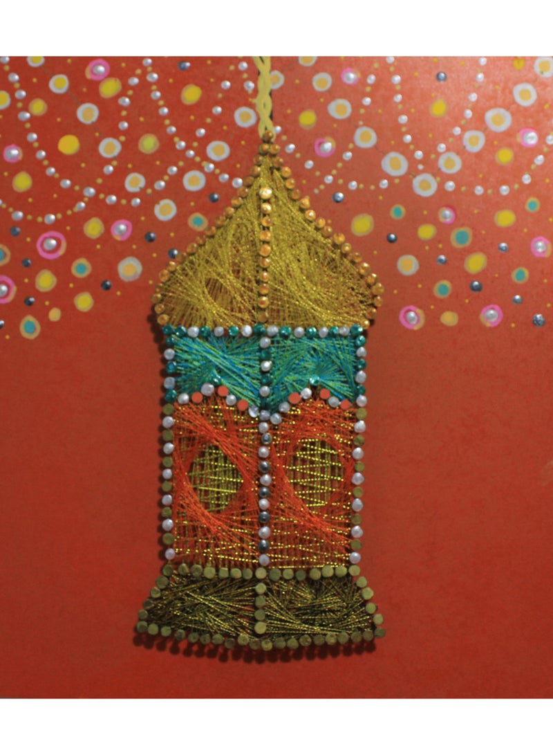 Weaves & Trinkets Mixed-Media Lantern String Art - Handpainted Orange EID Decor