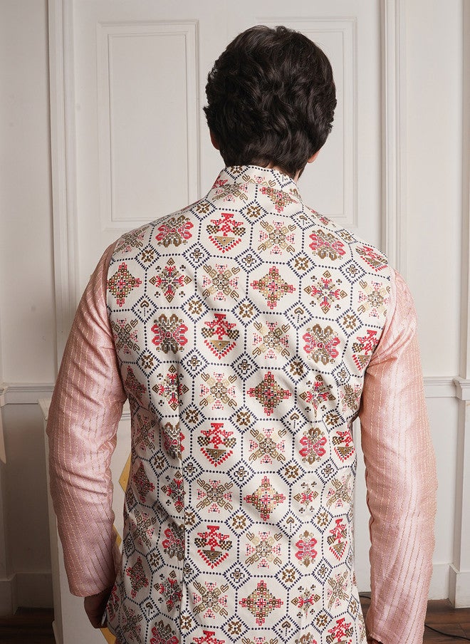 Sojanya Men's Pink Kurta with Nehru Jacket and Churidar - Image 4
