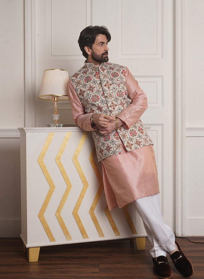 Sojanya Men's Pink Kurta with Nehru Jacket and Churidar - Image 5