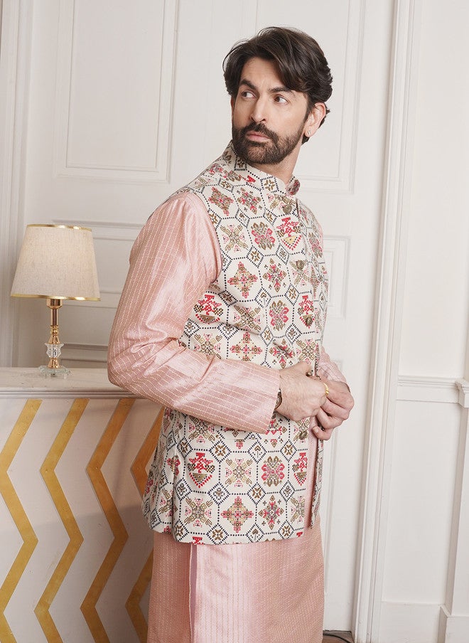 Sojanya Men's Pink Kurta with Nehru Jacket and Churidar - Image 3
