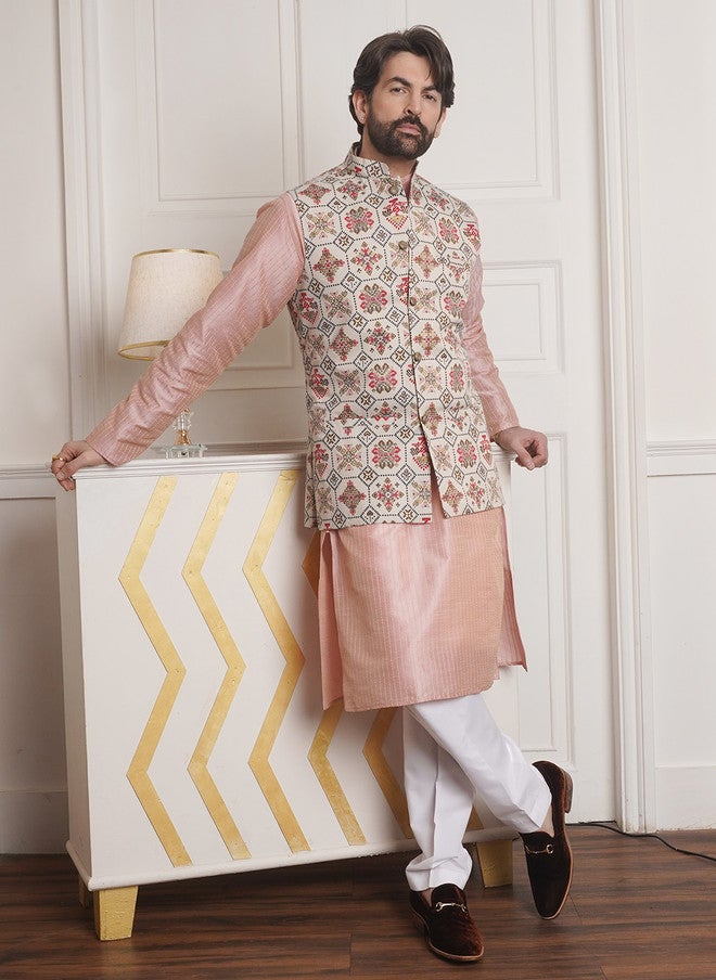 Sojanya Men's Pink Kurta with Nehru Jacket and Churidar - Image 1