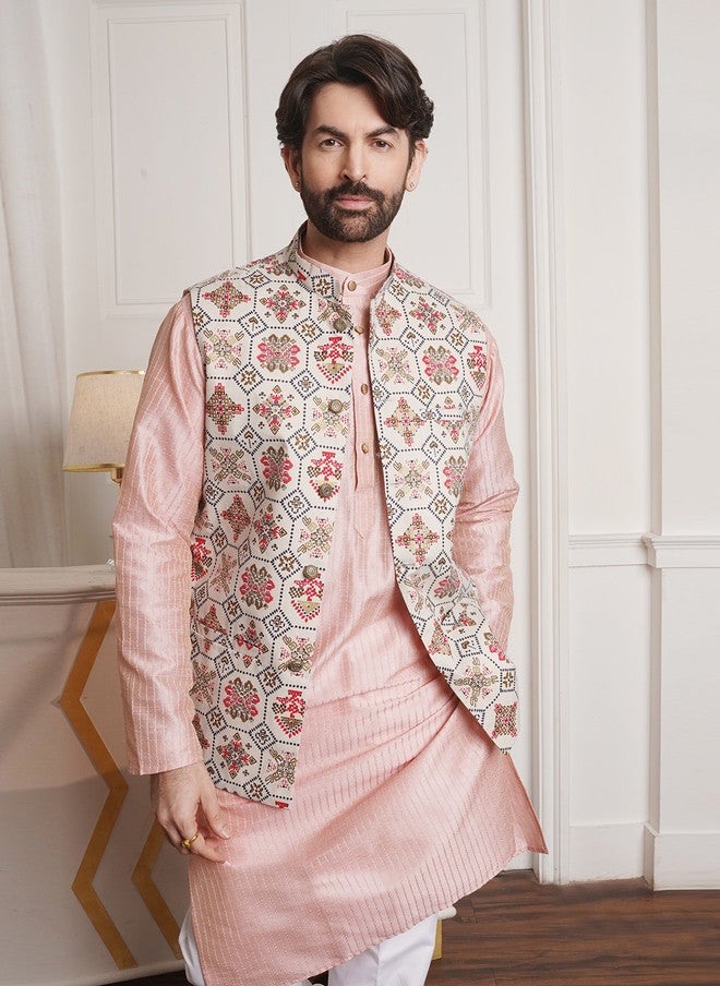 Sojanya Men's Pink Kurta with Nehru Jacket and Churidar - Image 2