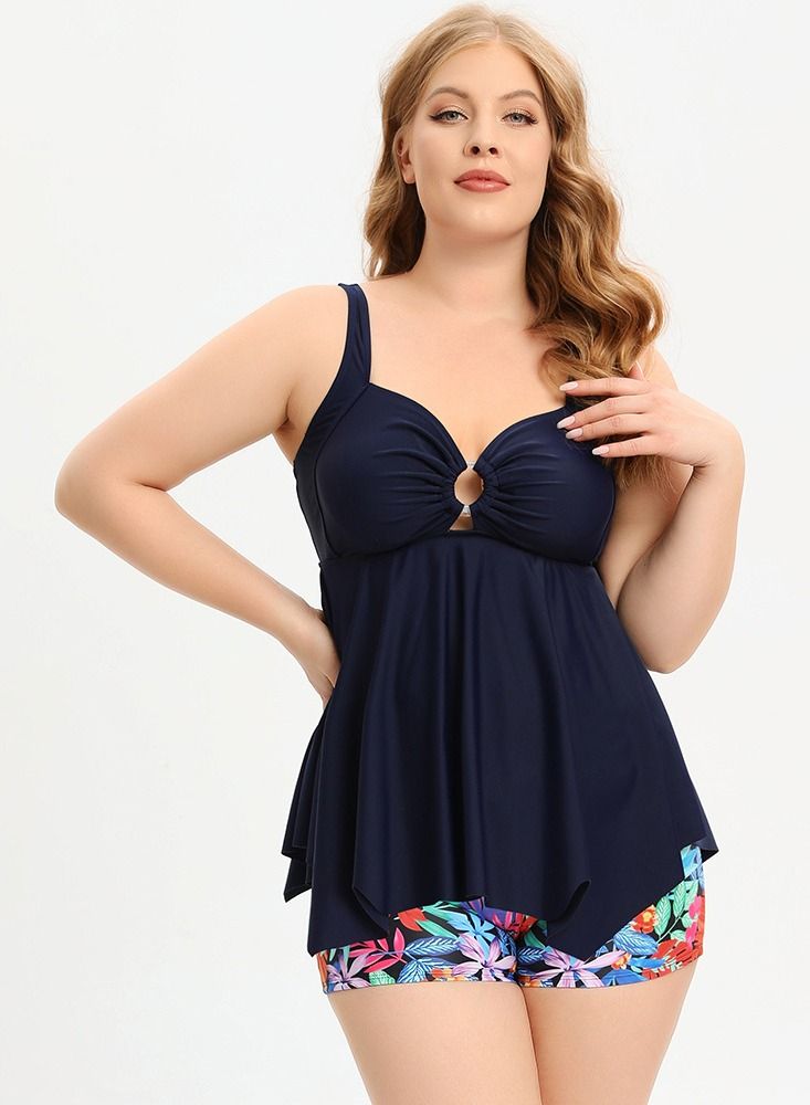 Loquat Printed Conservative Bikini Swimwear Dark Blue - Image 1