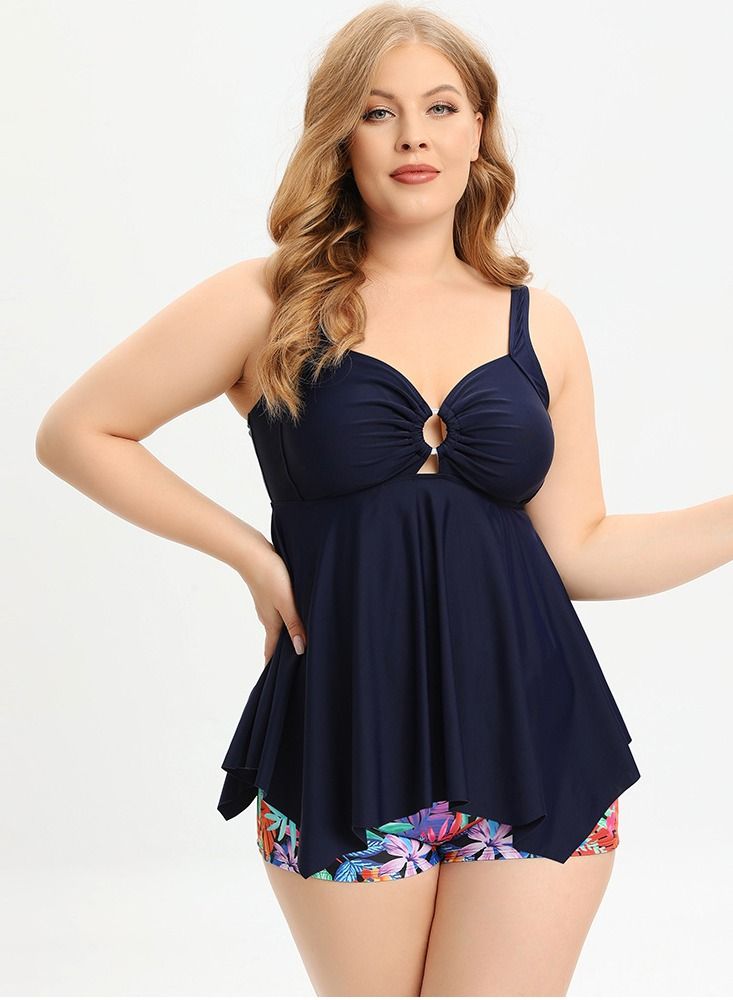 Loquat Printed Conservative Bikini Swimwear Dark Blue - Image 2