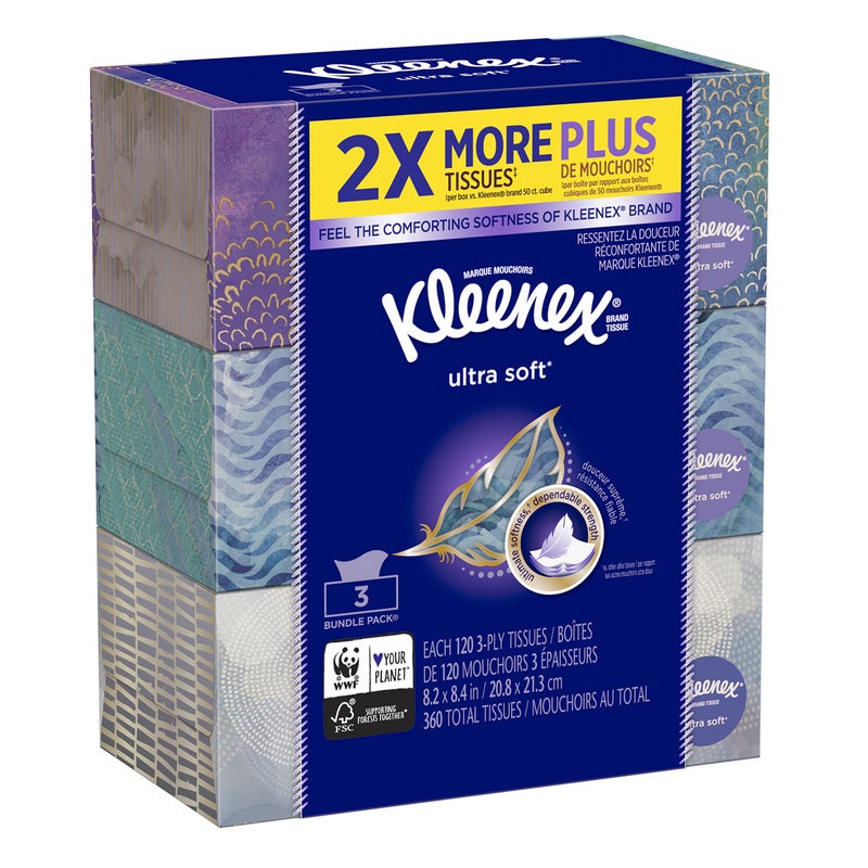 Kleenex مناديل كلينكس فائقة النعومة والقوة 120 منديل في علبة مسطحة 3 عبوات