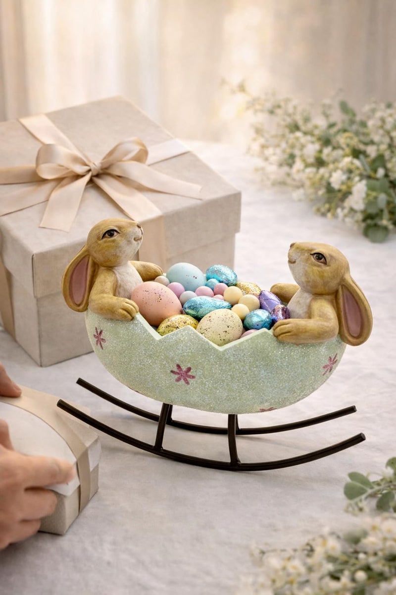 GoGnome Easter Bunny Bowl Figurine with Rocking Stand â€“ 5.7â€˜â€™ Hand-Painted Resin Rabbit Egg Holder Spring Table Centerpiece Farmhouse Home DÃ©cor (Mint Green) - Image 4