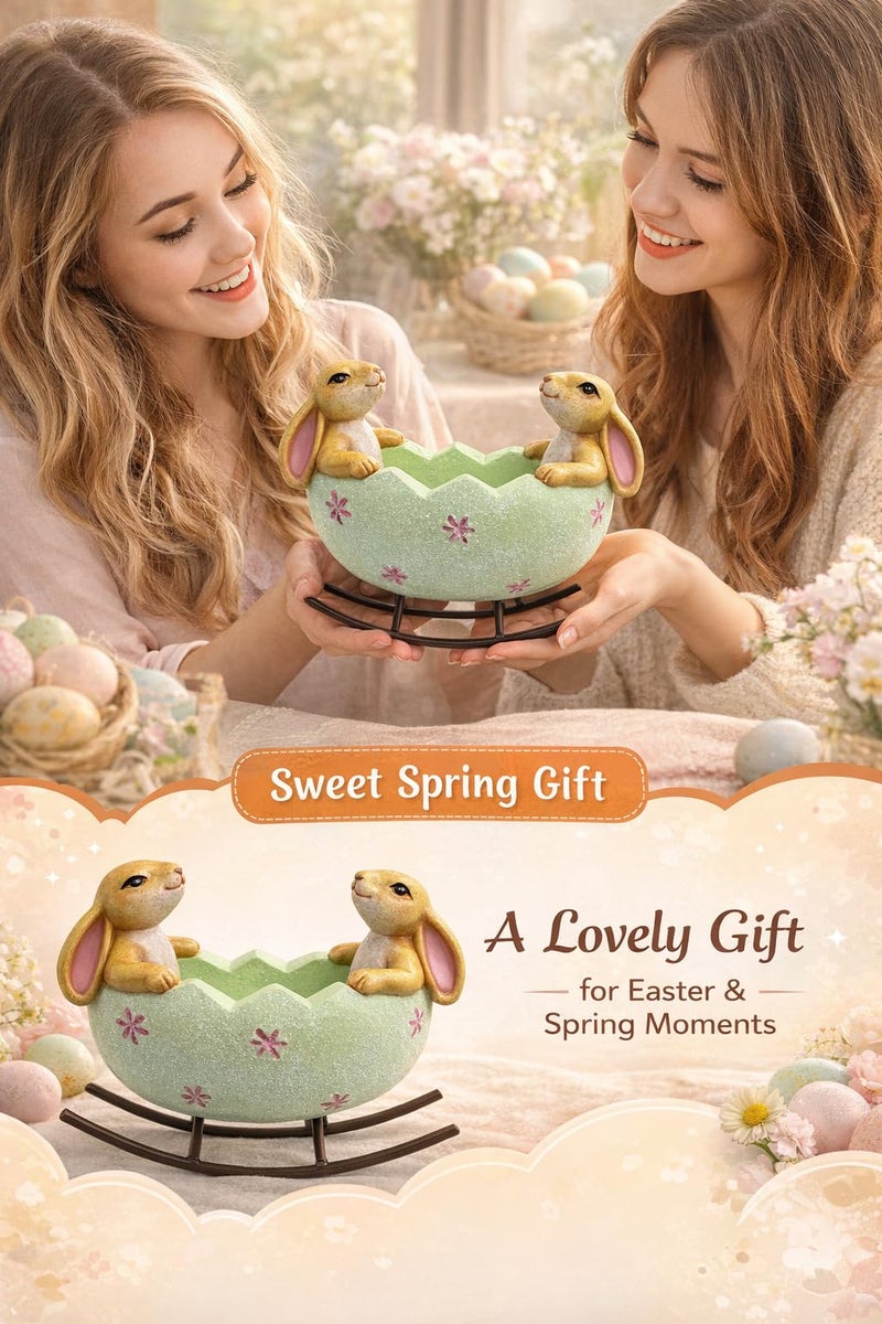 GoGnome Easter Bunny Bowl Figurine with Rocking Stand â€“ 5.7â€˜â€™ Hand-Painted Resin Rabbit Egg Holder Spring Table Centerpiece Farmhouse Home DÃ©cor (Mint Green) - Image 3