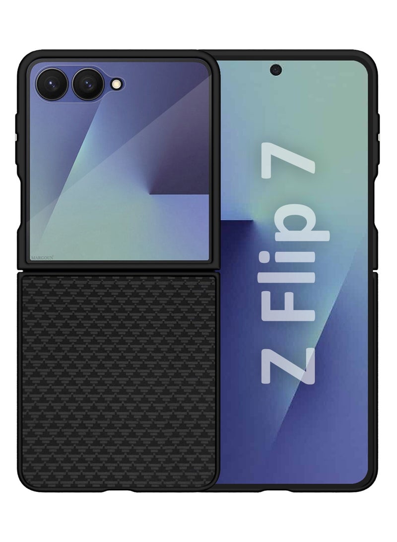 Kevlar Case for Samsung Galaxy Z Flip 7 - Ultra Thin and Light Carbon Fiber Texture Printing - Slim Anti-Scratch Phone Cover With Front Built-in Screen Protector - Black - Image 3